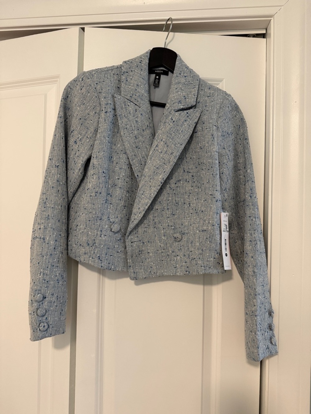 Aqua Cropped Tweed Double-Breasted Blazer in Light Blue with Navy Flecks
